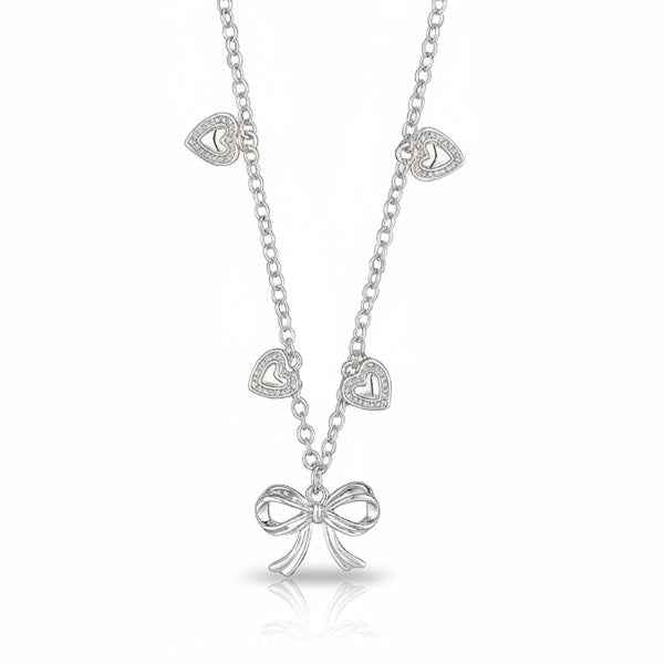 Silver Heart Bow Necklace | Dainty Ribbon Charm & Crystal Jewelry