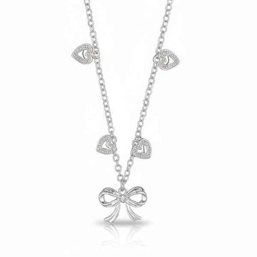 Silver Heart Bow Necklace | Dainty Ribbon Charm & Crystal Jewelry