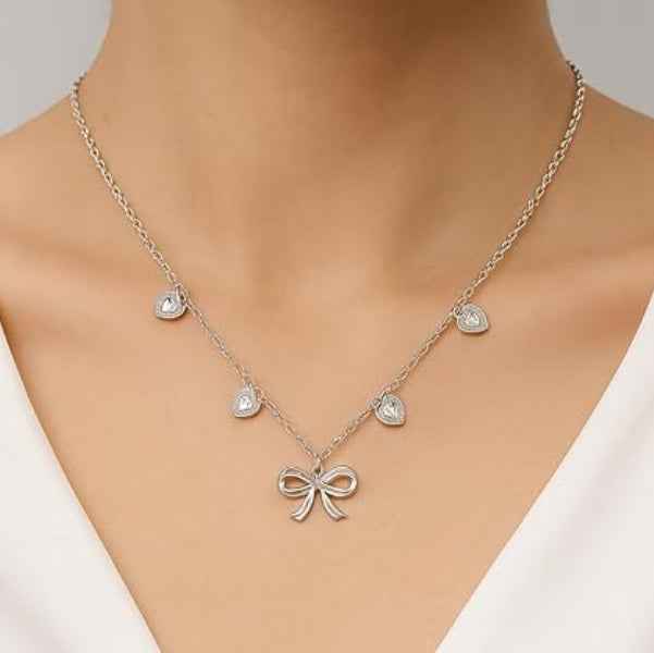 Silver Heart Bow Necklace | Dainty Ribbon Charm & Crystal Jewelry