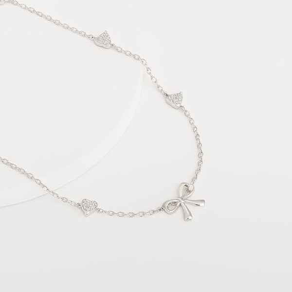 Silver Heart Bow Necklace | Dainty Ribbon Charm & Crystal Jewelry