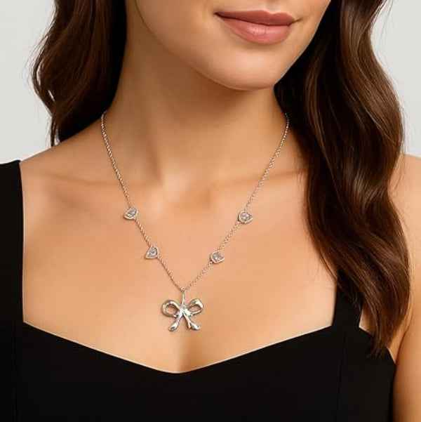 Silver Heart Bow Necklace | Dainty Ribbon Charm & Crystal Jewelry