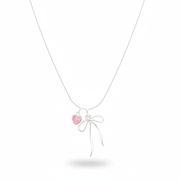 Silver Plated Heart Necklace with Pink Crystal Charm and Dainty Bow Pendant