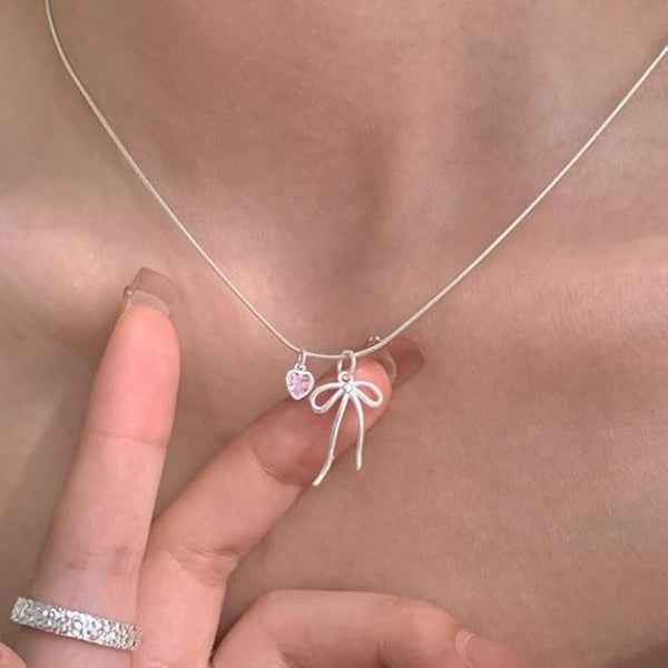 Silver Heart Necklace with Pink Crystal Charm and Dainty Bow Pendant