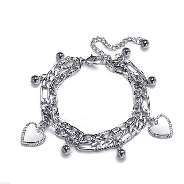 Dainty Silver Heart Charm Bracelet - Layered Boho Figaro Chain Jewelry