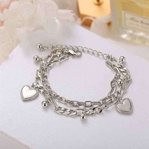 Dainty Silver Heart Charm Bracelet - Layered Boho Figaro Chain Jewelry
