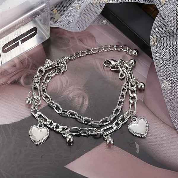 Dainty Silver Heart Charm Bracelet - Layered Boho Figaro Chain Jewelry