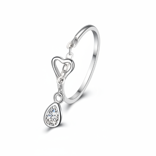 Silver Plated Heart Dangle Ring - Shimmering Crystal Charm Promise Ring