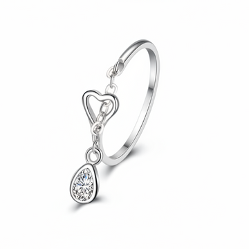 Silver Plated Heart Dangle Ring - Shimmering Crystal Charm Promise Ring
