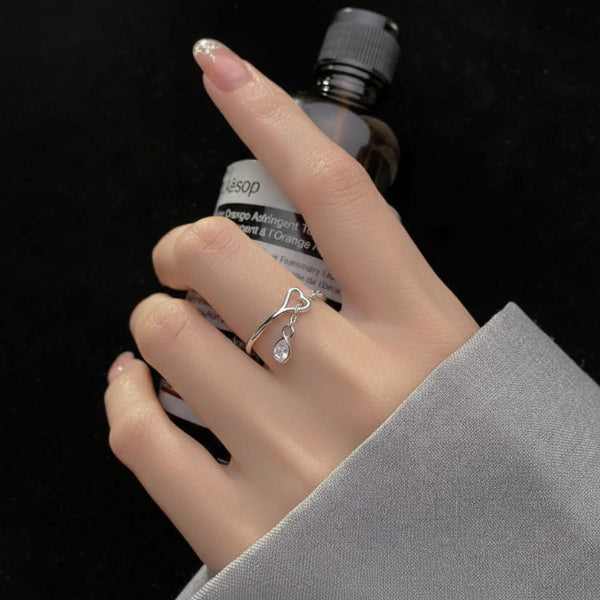 Silver Heart Dangle Ring - Shimmering Pear Crystal Charm Promise Ring