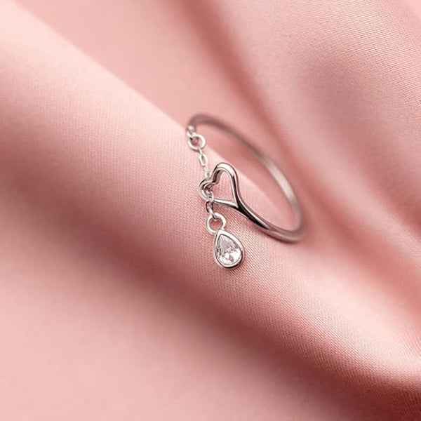Silver Heart Dangle Ring - Shimmering Pear Crystal Charm Promise Ring