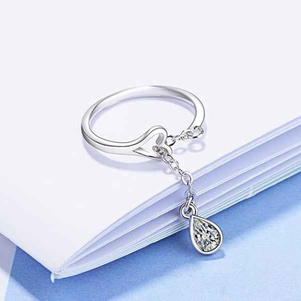 Silver Heart Dangle Ring - Shimmering Pear Crystal Charm Promise Ring