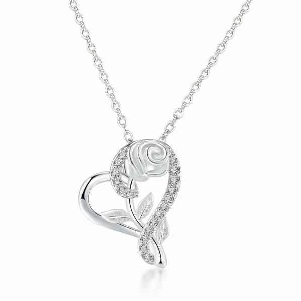 Elegant Silver Heart Rose Necklace | Diamond Accented Pendant