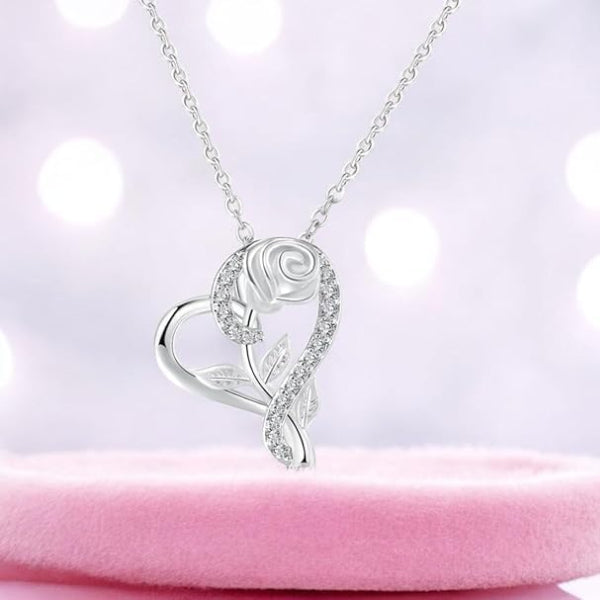 Elegant Silver Heart Rose Necklace | Diamond Accented Pendant