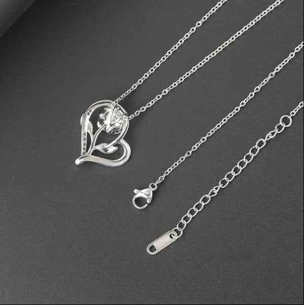 Elegant Silver Heart Rose Necklace | Diamond Accented Pendant