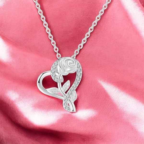 Elegant Silver Heart Rose Necklace | Diamond Accented Pendant