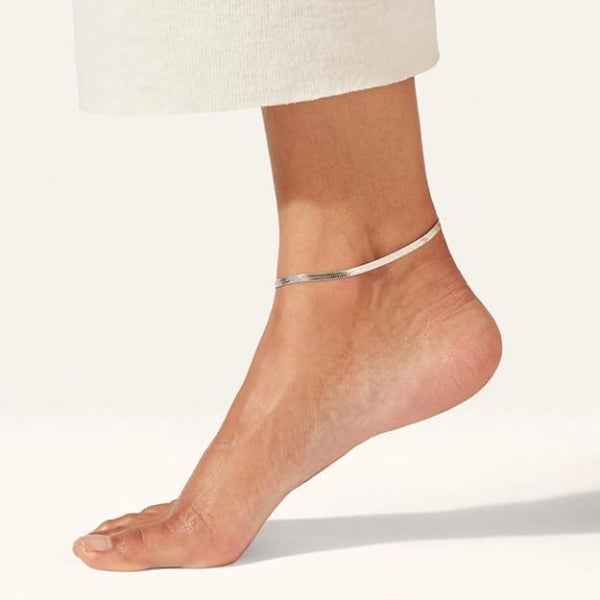 Silver Herringbone Anklet and Bracelet – Dainty Flat Snake Chain Set