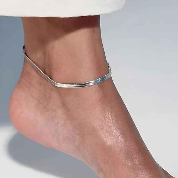 Silver Herringbone Anklet and Bracelet – Dainty Flat Snake Chain Set
