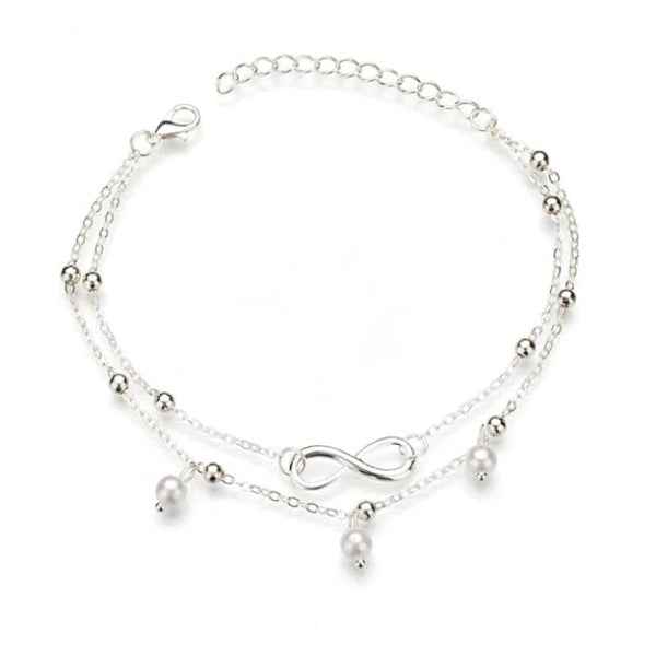 Silver Infinity Anklet - Shimmering Layered Pearl Charm Foot Jewelry