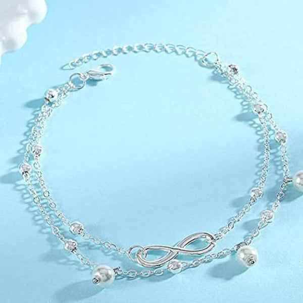 Silver Infinity Anklet - Shimmering Layered Pearl Charm Foot Jewelry