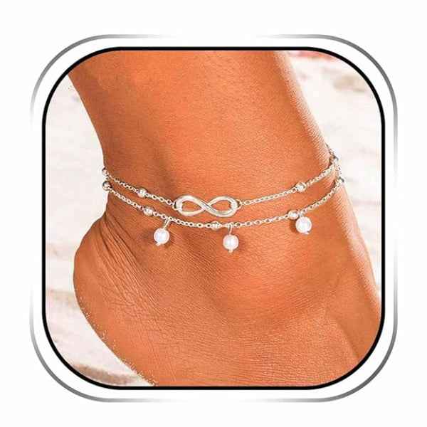 Silver Infinity Anklet - Shimmering Layered Pearl Charm Foot Jewelry