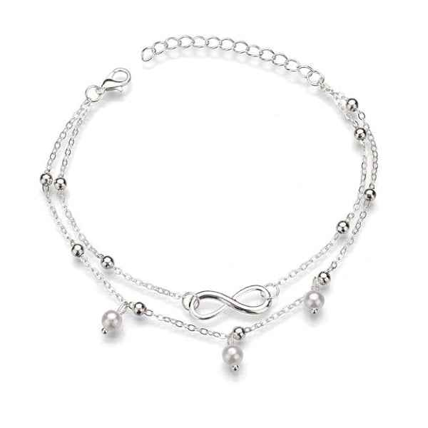 Dainty Silver Infinity Pearl Anklet - Boho Double Layer Foot Jewelry