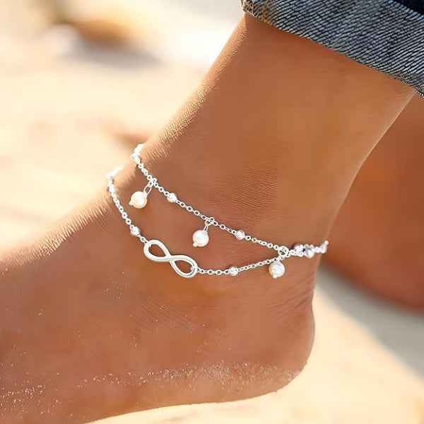 Dainty Silver Infinity Pearl Anklet - Boho Double Layer Foot Jewelry