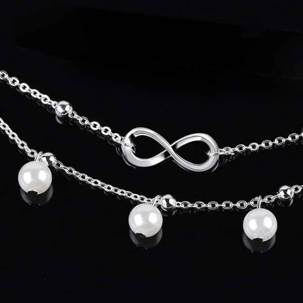Dainty Silver Infinity Pearl Anklet - Boho Double Layer Foot Jewelry