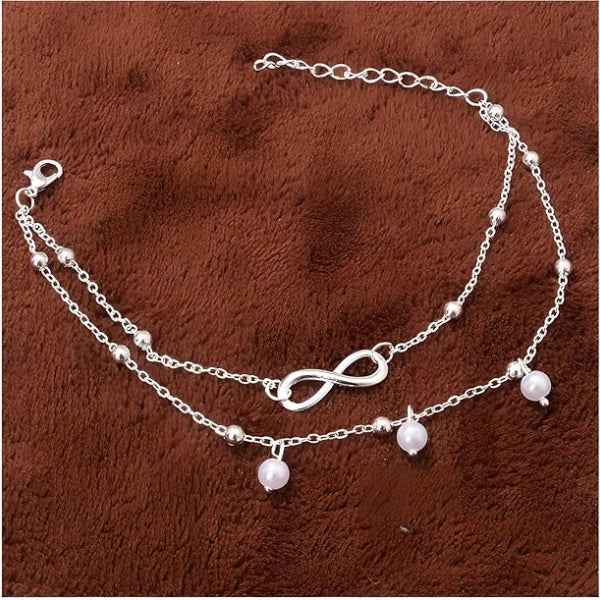 Dainty Silver Infinity Pearl Anklet - Boho Double Layer Foot Jewelry