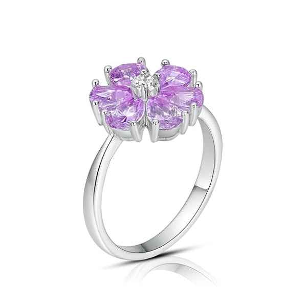 Silver Lavender Ring - Shimmering Petal Crystal Floral Statement Ring
