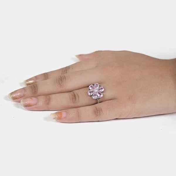 Silver Lavender Ring - Shimmering Petal Crystal Floral Statement Ring