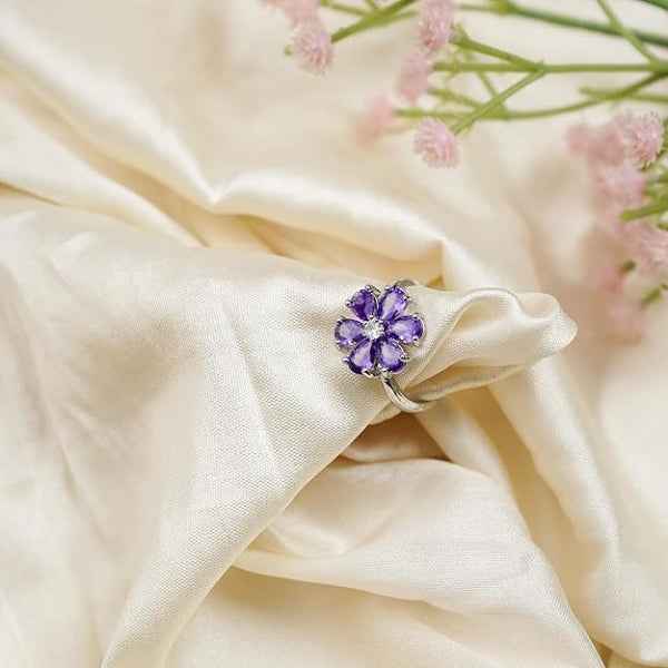 Silver Lavender Ring - Shimmering Petal Crystal Floral Statement Ring