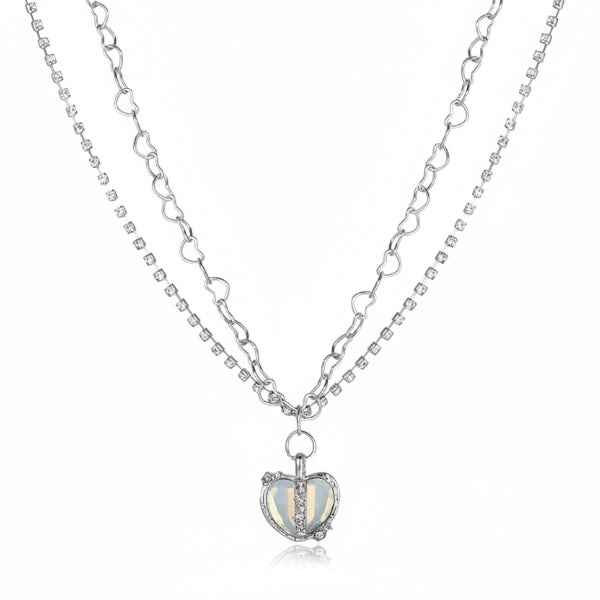 Chic Silver Layered Heart Necklace | Shimmering Rhinestone Jewelry