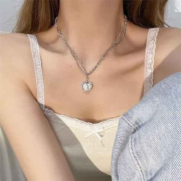 Chic Silver Layered Heart Necklace | Shimmering Rhinestone Jewelry
