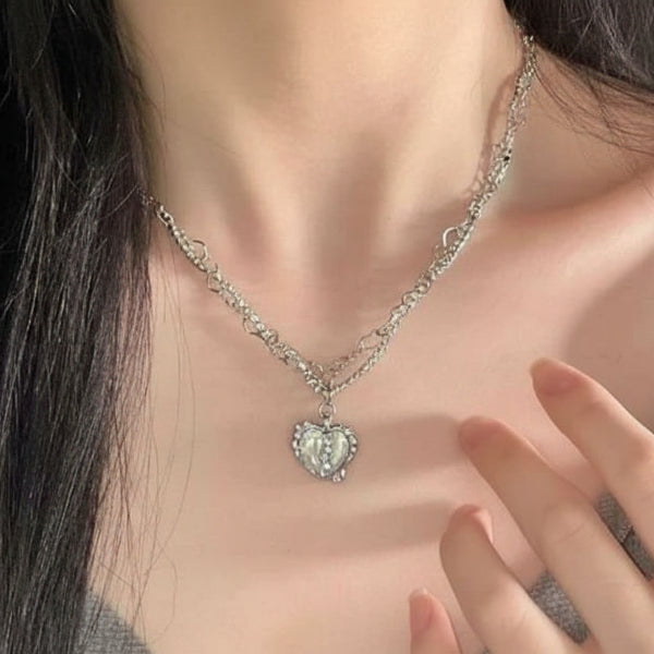 Chic Silver Layered Heart Necklace | Shimmering Rhinestone Jewelry