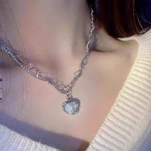Chic Silver Layered Heart Necklace | Shimmering Rhinestone Jewelry