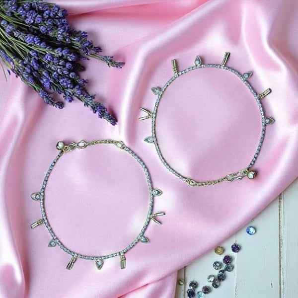 Sparkling Silver Leaf Crystal Anklet Set - Dainty Boho Foot Jewelry