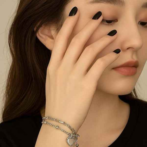 Stunning Silver Multi-Chain Heart Bracelet | Chic Textured Charm Jewelry