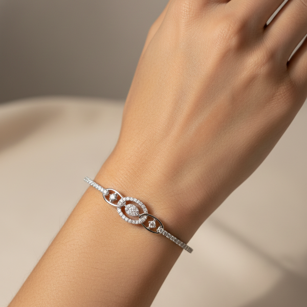 Silver Oval Bracelet - Luxury Link Bangle & Sparkly Dainty Jewelry