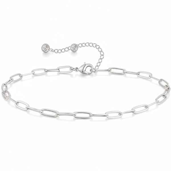 Silver Paperclip Anklet - Sparkling Crystal Charm Link Foot Jewelry