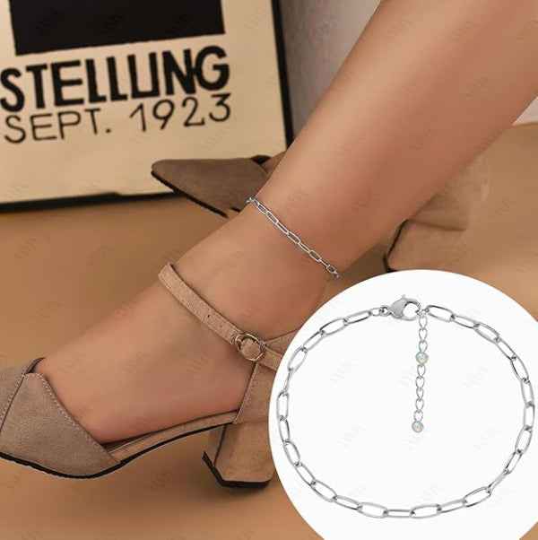 Silver Paperclip Anklet - Sparkling Crystal Charm Link Foot Jewelry