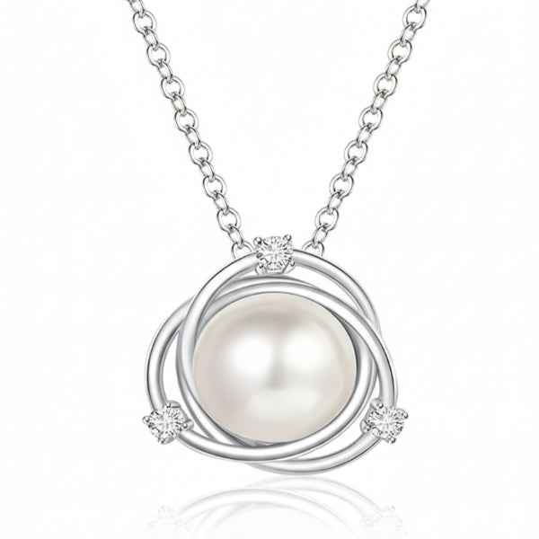 Silver Pearl Intertwined Circle Necklace | Dainty Crystal Accents