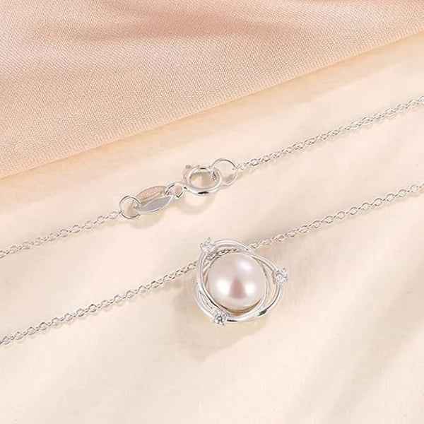 Silver Pearl Intertwined Circle Necklace | Dainty Crystal Accents