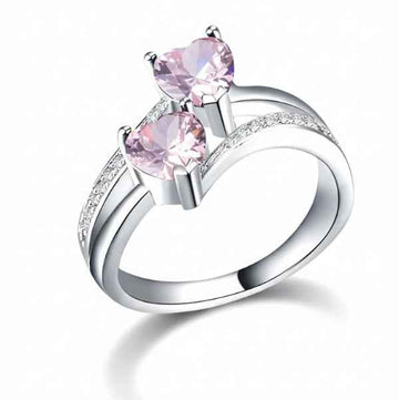 Silver Pink Heart Finger Ring - Shimmering Double Gemstone Jewelry