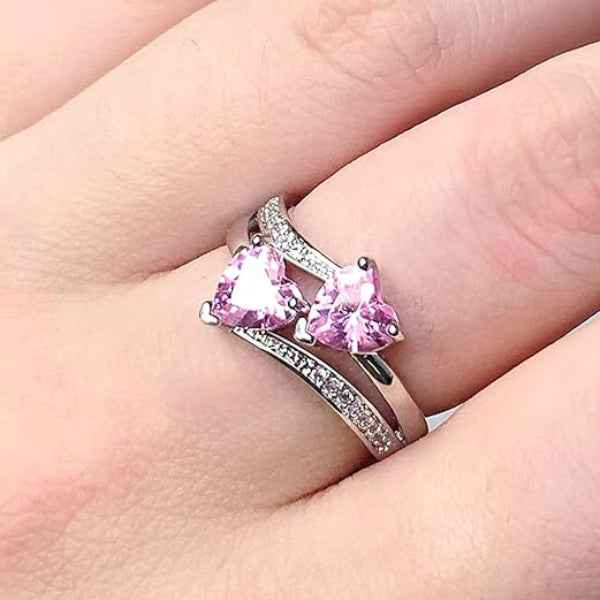 Silver Pink Heart Finger Ring - Shimmering Double Gemstone Jewelry