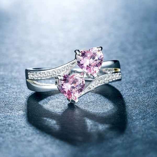Silver Pink Heart Finger Ring - Shimmering Double Gemstone Jewelry