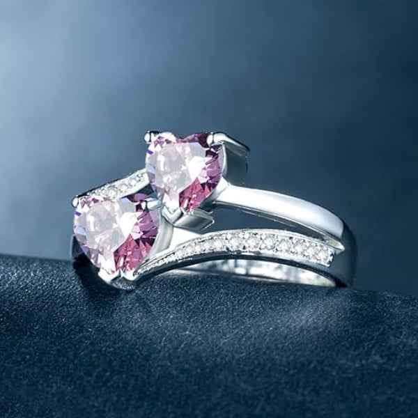Silver Pink Heart Finger Ring - Shimmering Double Gemstone Jewelry