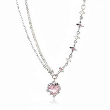Chic Silver Pink Heart Star Necklace | Y2K Aesthetic Rhinestone Jewelry