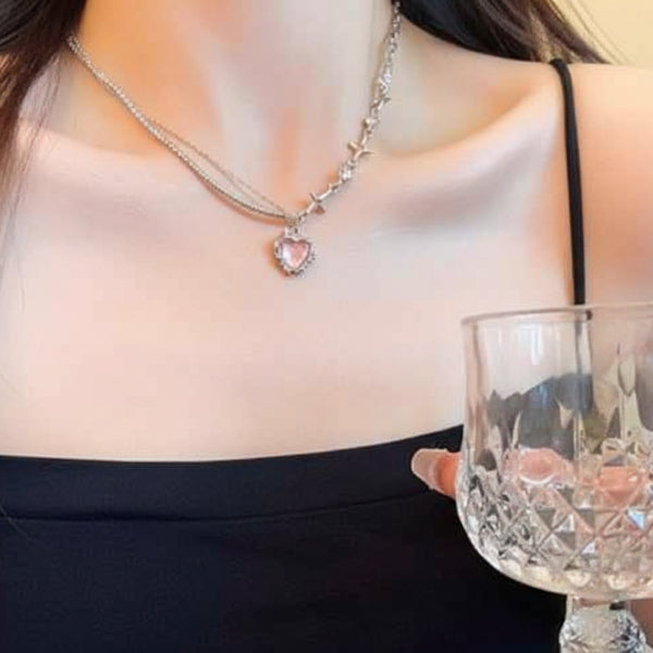 Chic Silver Pink Heart Star Necklace | Y2K Aesthetic Rhinestone Jewelry