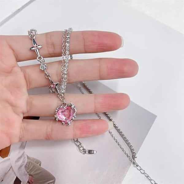 Chic Silver Pink Heart Star Necklace | Y2K Aesthetic Rhinestone Jewelry