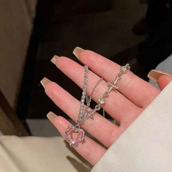 Chic Silver Pink Heart Star Necklace | Y2K Aesthetic Rhinestone Jewelry